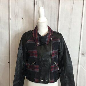 Women’s Moto Jacket – Faux Leather & Plaid Mix